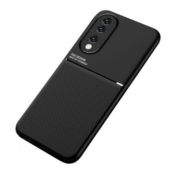 protecțiede telefon din plastic (cadru din silicon, rezistent la impact mediu, placă metalică încorporată, spate cu efect de piele, model cu dungi) negru Honor 90 5G