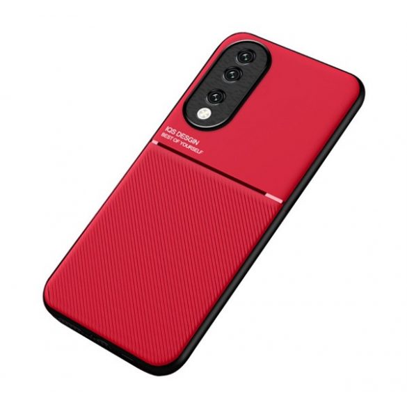 Protectie din plastic pentru telefon (cadru din silicon, rezistenta medie la impact, placa metalica incorporata, spate cu efect piele, model in dungi) RED Honor 90 5G