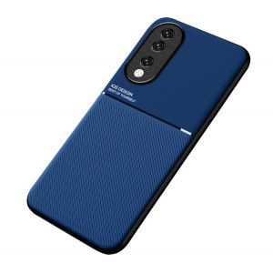 Protecție din plastic pentru telefon (cadru din silicon, rezistență medie la impact, placă metalică încorporată, spate cu efect piele, model în dungi) ALBASTRU ÎNCHIS Honor 90 5G