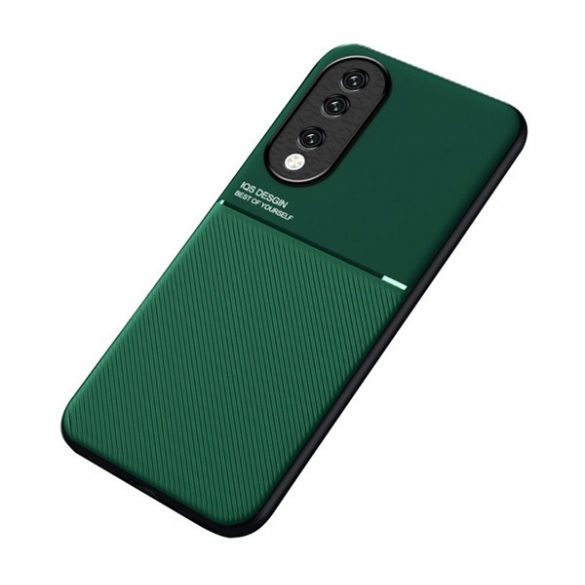 Protecție din plastic pentru telefon (cadru din silicon, rezistență medie la impact, placă metalică încorporată, spate cu efect piele, model în dungi) VERDE ÎNCHIS Honor 90 5G