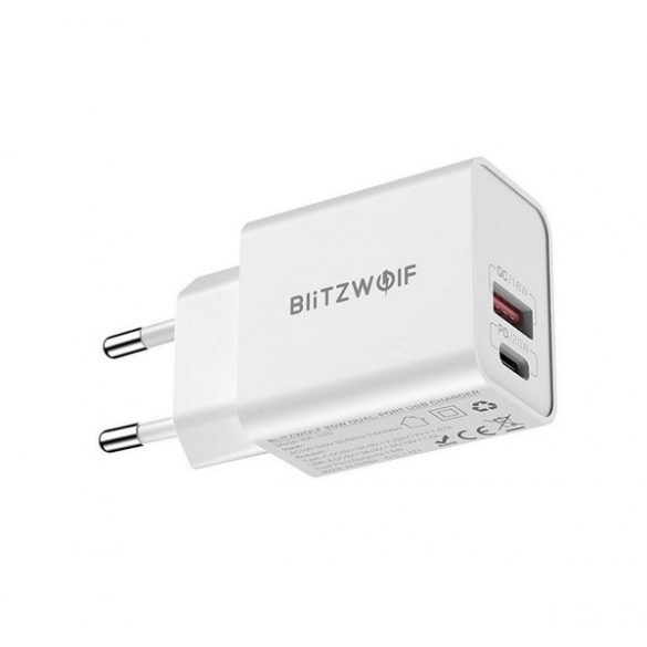 BLITZWOLF încărcător de rețea USB+priză de tip C (15W, încărcător rapid PD 3.0) ALB