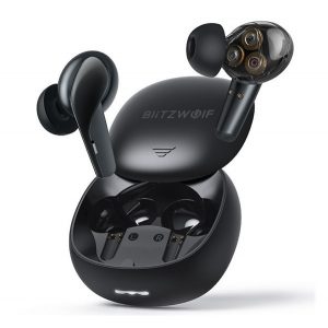 Căști bluetooth BLITZWOLF STEREO (v5.0, TWS, microfon, IPX5 rezistent la apă + carcasă de încărcare) NEGRU