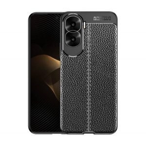 Protectie de telefon din silicon (rezistenta la impact mediu, efect piele, model de cusaturi) NEGRU Honor 90 Lite 5G