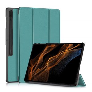 Husă în picioare, efect piele (FLIP activ, deschidere laterală, TRIFOLD, suport desktop, suport creion) VERDE ÎNCHIS Samsung Galaxy Tab S9 Ultra WIFI (SM-X910), Samsung Galaxy Tab S9 Ultra LTE (SM-X916)