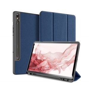 Husa DUX DUCIS DOMO in picioare, efect piele (activ, cu deschidere laterala, TRIFOLD, suport desktop, suport creion, model textil) ALBASTRU INCHIS Samsung Galaxy Tab S9 WIFI (SM-X710), Samsung Galaxy Tab S9 LTE ​​(SM-X716) )