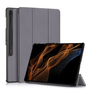 Husă în picioare, efect piele (FLIP activ, deschidere laterală, TRIFOLD, suport de birou, suport pentru creion) GR ÎNCHIS Samsung Galaxy Tab S9 Ultra WIFI (SM-X910), Samsung Galaxy Tab S9 Ultra LTE (SM-X916)