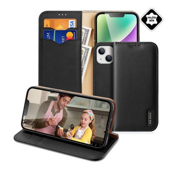 Husa DUX DUCIS HIVO in picioare, piele naturala (FLIP, deschidere laterala, functie suport de masa, suport card bancar, protectie RFID) NEGRU Apple iPhone 15