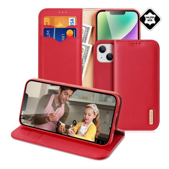 Husa DUX DUCIS HIVO in picioare, piele naturala (FLIP, deschidere laterala, functie suport de masa, suport card bancar, protectie RFID) RED Apple iPhone 15 Plus