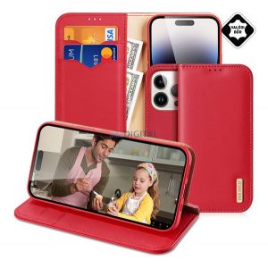 Husa DUX DUCIS HIVO in picioare, piele naturala (FLIP, deschidere laterala, functie suport de masa, suport card bancar, protectie RFID) RED Apple iPhone 15 Pro