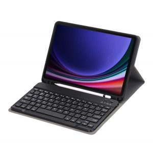 Husă stativă, efect piele (FLIP, tastatură bluetooth, desktop, QWERTY, engleză, suport S Pen) negru Samsung Galaxy Tab S9 WIFI (SM-X710), Samsung Galaxy Tab S9 LTE (SM-X716)