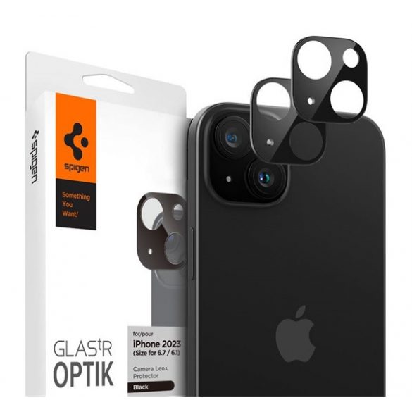 SPIGEN OPTIK PRO folie sticlă de protecție pentru camera foto 2pcs (margine rotunjită, rezistent la zgârieturi, 9H, doar lentila) negru Apple iPhone 15, Apple iPhone 15 Plus