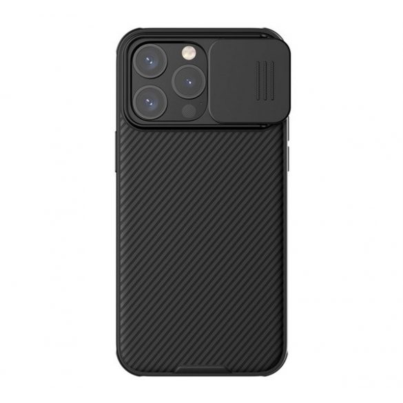 Protector de telefon din plastic NILLKIN CAMSHIELD PRO (cadru din silicon, rezistenta medie la impact, protectie camera, model in dungi) NEGRU Apple iPhone 15 Pro