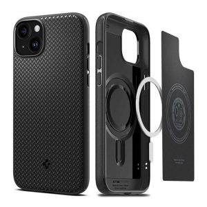 Protectie telefon din plastic SPIGEN MAG ARMOR (rezistenta la impact mediu, compatibil Apple Magsafe, model in dungi) NEGRU Apple iPhone 15 Plus