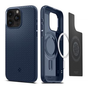 Protector de telefon din plastic SPIGEN MAG ARMOR (rezistență medie la impact, compatibil Apple Magsafe, model în dungi) ALBASTRU ÎNCHIS Apple iPhone 15 Pro