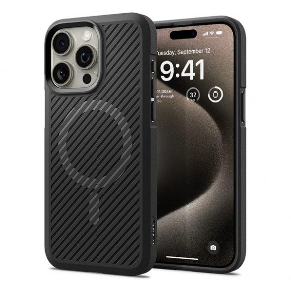 Protectie de telefon din silicon SPIGEN CORE ARMOR MAG (rezistenta la impact mediu, protectie camera, model in dungi, Magsafe) NEGRU Apple iPhone 15 Pro Max