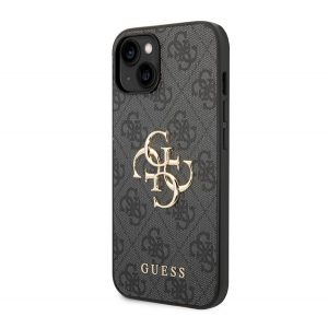 Protector de telefon din plastic CG MOBILE GUESS 4G BIG METAL LOGO (rezistent mediu la impact, spate cu efect piele) GRI Apple iPhone 15