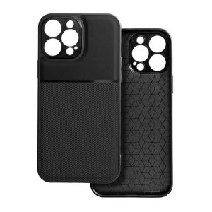 Protectie din plastic pentru telefon (cadru din silicon, rezistenta medie la impact, placa metalica incorporata, spate cu efect piele, model in dungi) NEGRU Apple iPhone 15 Pro