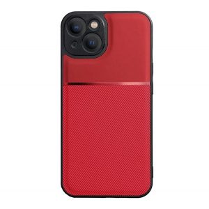 Protectie din plastic pentru telefon (cadru din silicon, rezistenta medie la impact, placa metalica incorporata, spate cu efect piele, model in dungi) RED Apple iPhone 15 Plus