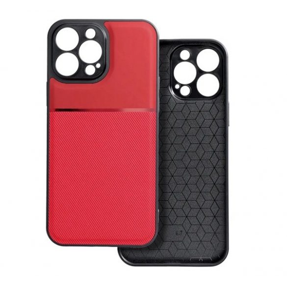 Protectie din plastic pentru telefon (cadru din silicon, rezistenta medie la impact, placa metalica incorporata, spate cu efect piele, model in dungi) RED Apple iPhone 15 Pro