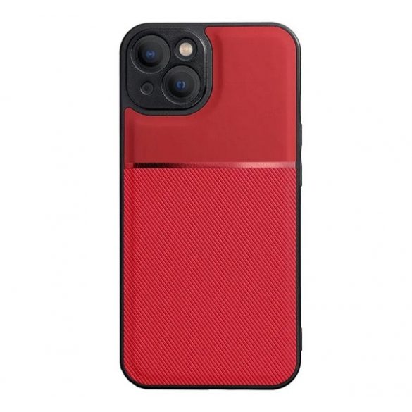 Protecție din plastic pentru telefon (cadru din silicon, rezistență medie la impact, placă metalică încorporată, spate cu efect piele, model în dungi) RED Apple iPhone 15