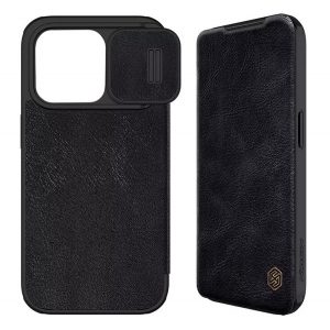 Husa NILLKIN QIN PRO in picioare, efect piele (FLIP, deschidere laterala, suport card bancar, protectie camera) NEGRU Apple iPhone 15 Pro