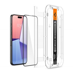 SPIGEN EZ FIT HD sticlă de protecție pentru ecran (2.5D, prietenos cu carcasă, ultra-subțire, 0,2 mm, 9H + cadru auxiliar) NEGRU Apple iPhone 15 Pro Max