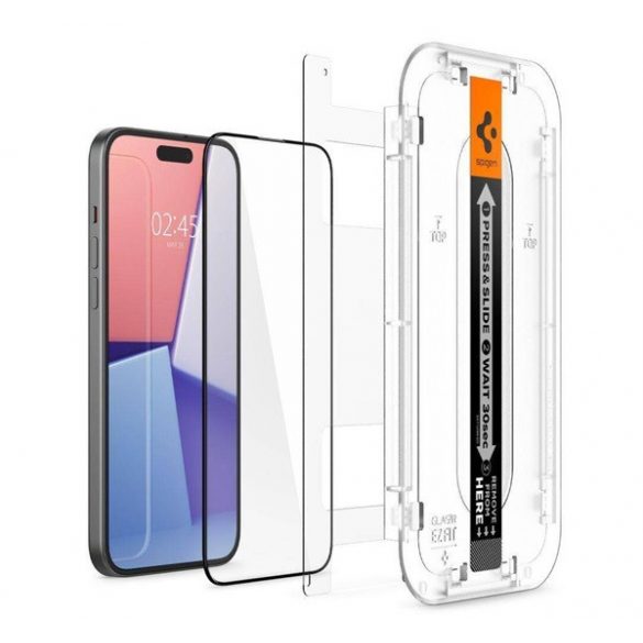 SPIGEN EZ FIT HD sticlă de protecție pentru ecran (2.5D, compatibil cu carcasă, ultra-subțire, 0,2 mm, 9H + cadru auxiliar) NEGRU Apple iPhone 15