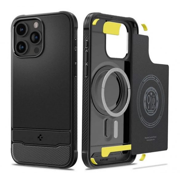 Protector de telefon din silicon SPIGEN RUGGED ARMOR (rezistență medie la impact, colț cu pernă de aer, model carbon) NEGRU Apple iPhone 15 Pro Max