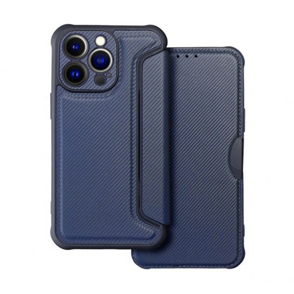 Carcasa in picioare, efect piele (FLIP, deschidere laterala, rezistenta la impact, colt cu perna de aer, protectie pentru camera, model carbon) ALBASTRU INCHIS Apple iPhone 15 Pro Max