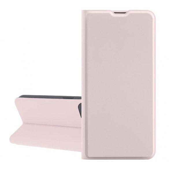 Husă în picioare, efect piele (FLIP, interior din silicon, deschidere laterală, suport de masă, buzunar pentru card) BABY PINK Apple iPhone X 5.8, iPhone XS 5.8