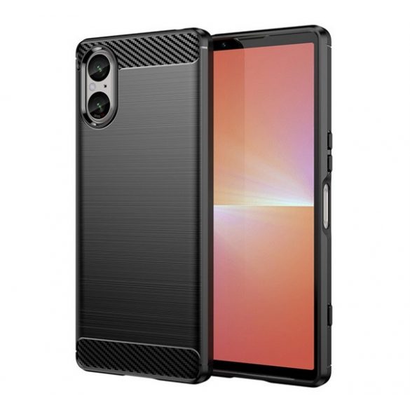 Protector de telefon din silicon (rezistență medie la impact, colț cu pernă de aer, periat, model carbon) NEGRU Sony Xperia 5 V (XQDE54)