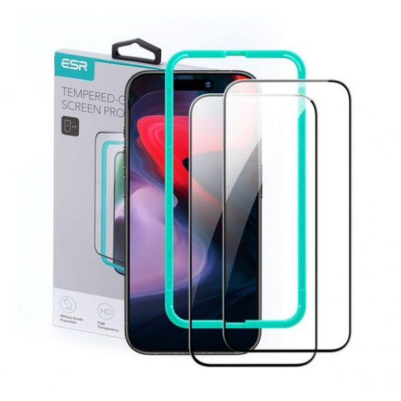 Sticlă de protecție pentru ecran ESR 2 buc (margine rotunjită 2.5D, 0.3mm, 9H, fără amprentă + cadru de montare) NEGRU Apple iPhone 15 Pro