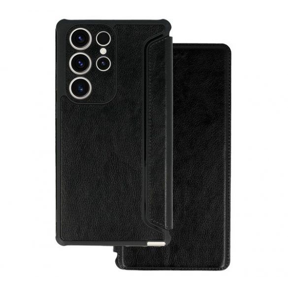 Carcasa in picioare, efect piele (FLIP, deschidere laterala, colt cu perna de aer, protectie camera) NEGRU Xiaomi Redmi Note 12 Pro Plus