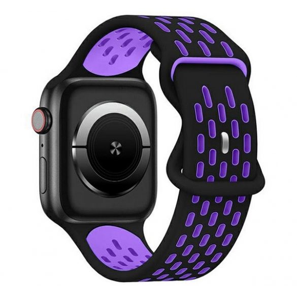 Curea de schimb (dimensiune personalizată, mică, din silicon, perforată, respirabilă) NEGRU/MOV Apple Watch Series 9 41mm, Watch Series 8 41mm, Watch Series 7 41mm