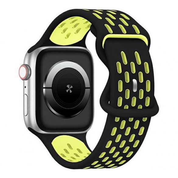 Curea de schimb (dimensiune personalizată, mică, silicon, perforată, respirabilă) NEGRU/GALBEN Apple Watch Series 9 41mm, Watch Series 8 41mm, Watch Series 7 41mm