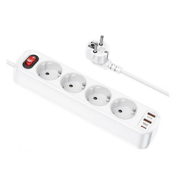 Distribuitor de energie HOCO (4 prize AC+2 USB+Type-C, 20W, încărcător rapid PD 3.0 + cablu 180cm) ALB