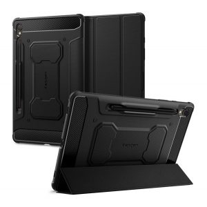 Carcasa SPIGEN RUGGED ARMOR PRO in picioare (FLIP activ, rezistenta la socuri, TRIFOLD, suport desktop, suport creion) NEGRU Samsung Galaxy Tab S9 LTE ​​​​(SM-X716), Galaxy Tab S9 WIFI (SM-X710)