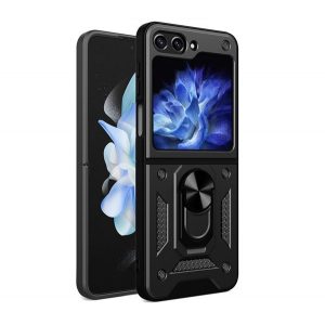 Protector de telefon din plastic Defender (rezistență medie la impact, interior din silicon, inel de suport pentru telefon, protecție pentru cameră) NEGRU Samsung Galaxy Z Flip5 5G (SM-F731)