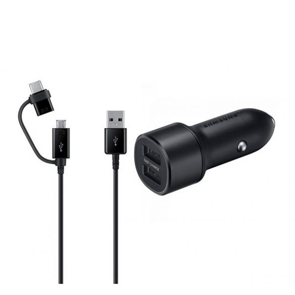 Încărcător auto SAMSUNG 2 prize USB (15W, încărcător rapid, LED + cablu Type-C/microUSB) NEGRU