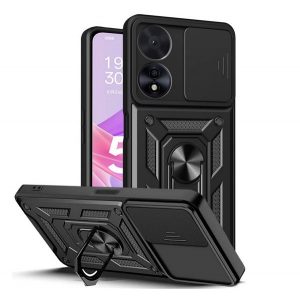 Protector de telefon din plastic Defender (rezistenta la impact mediu, interior din silicon, inel suport telefon, protectie camera) NEGRU Oppo A78 4G