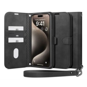 Husa SPIGEN WALLET S PRO in picioare, efect piele (FLIP, deschidere laterala, model textil) NEGRU Apple iPhone 15 Pro