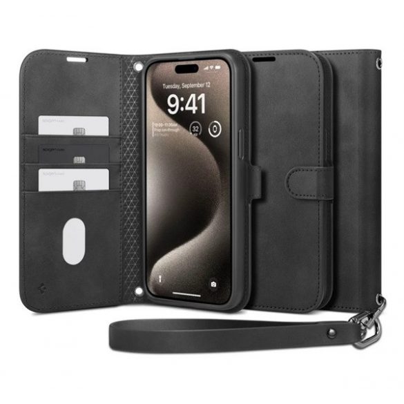 Husa SPIGEN WALLET S PRO in picioare, efect piele (FLIP, deschidere laterala, model textil) NEGRU Apple iPhone 15 Pro Max