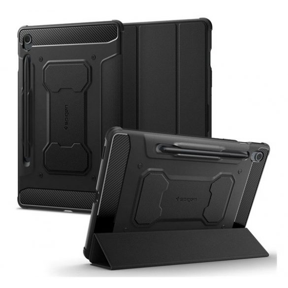 Husă SPIGEN RUGGED ARMOR PRO în picioare (FLIP activ, rezistență la șocuri, TRIFOLD, suport desktop, suport creion) NEGRU Samsung Galaxy Tab S9 FE LTE (SM-X516), Galaxy Tab S9 FE WIFI (SM-X510)