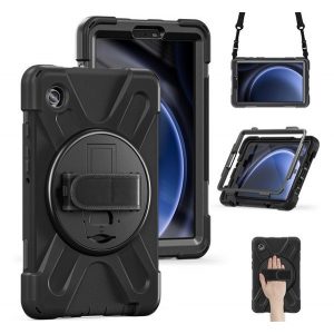 Protector de telefon din plastic Defender (rezistenta la impact, suport, 360° + curea de mana, curea de umar) NEGRU Samsung Galaxy Tab A9 LTE ​​​​(SM-X115), Galaxy Tab A9 WIFI (SM-X110)