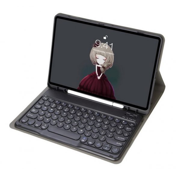 Husă stativă cu efect de piele (FLIP, tastatură bluetooth, desktop, QWERTY, engleză, suport S Pen) negru Samsung Galaxy Tab A9 Plus 5G (SM-X216), Galaxy Tab A9 Plus WIFI (SM-X210)