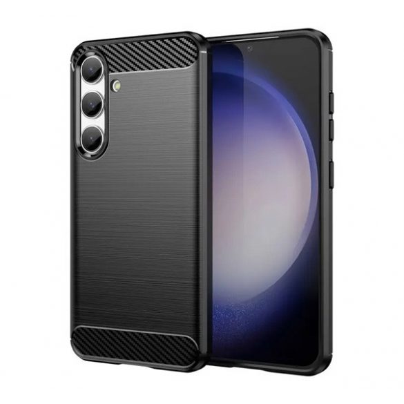 Protector de telefon din silicon (rezistență medie la impact, colț cu pernă de aer, periat, model carbon) NEGRU Samsung Galaxy S24 (SM-S921)