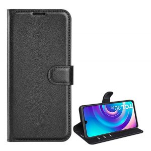 Carcasă în picioare, efect piele (FLIP, deschidere laterală, funcție de suport pentru birou, premium) BLACK TCL 30 4G