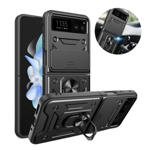 Protectie de telefon din plastic Defender (rezistenta la impact, interior din silicon, inel suport, protectie camera) NEGRU Motorola Razr 40 5G