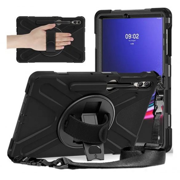 Protector de telefon din plastic Defender (rezistenta la impact, suport, 360° + curea de mana, curea de umar) NEGRU Samsung Galaxy Tab S9 FE Plus LTE (SM-X616), Galaxy Tab S9 FE Plus WIFI (SM-X610)