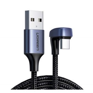 Cablu de date UGREEN (USB - Type-C, 3A, încărcător rapid, 100W, 100cm, 180 grade, șiret) NEGRU